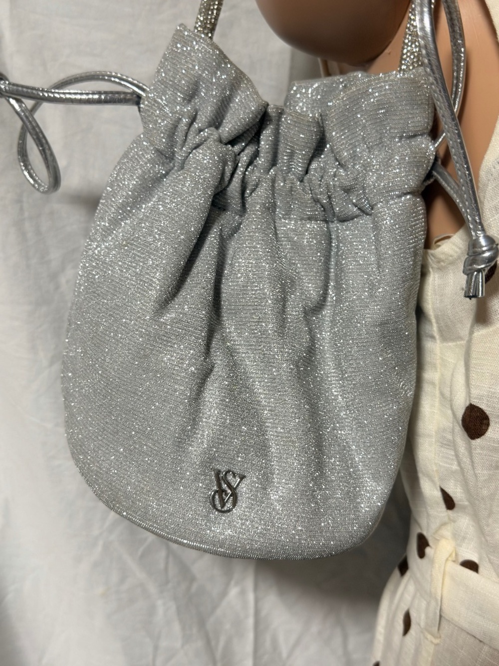 Victoria's Secret Silver Shimmer Rhinestone Handle Drawstring Bucket Evening Bag